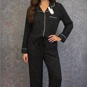 New VICTORIA'S SECRET Soft Modal Long Pajama Set Pants & Top Black Pin Dot MED